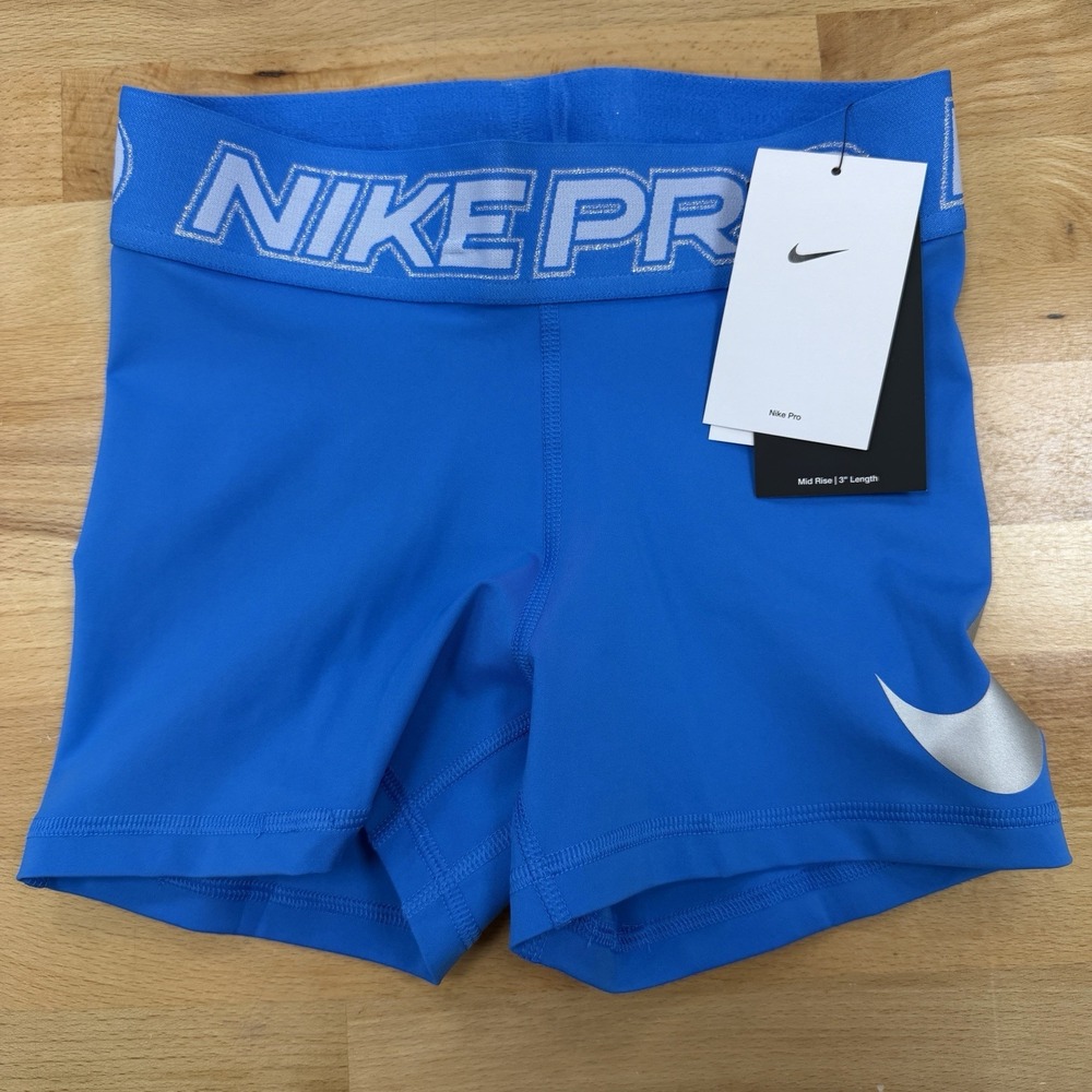 Nike Pro Womens 3" Shorts Dri-FIT Blue Silver IB9231-435 XS Dance Cheer